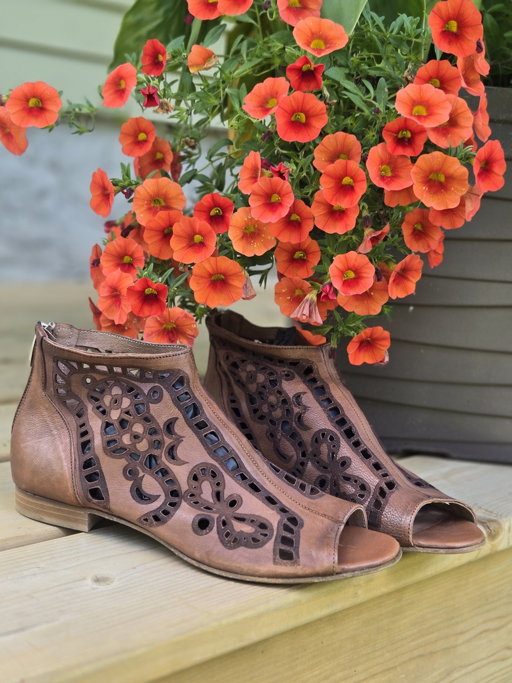 Ron White Leather Laser-Cut Peep Toe Ankle Booties